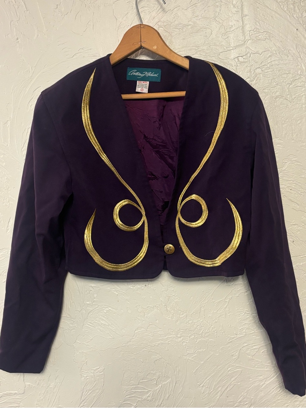 Vintage 1980s Anthony Michael Wool Purple New Orleans Fleur-De-Lis Crop Blazer
